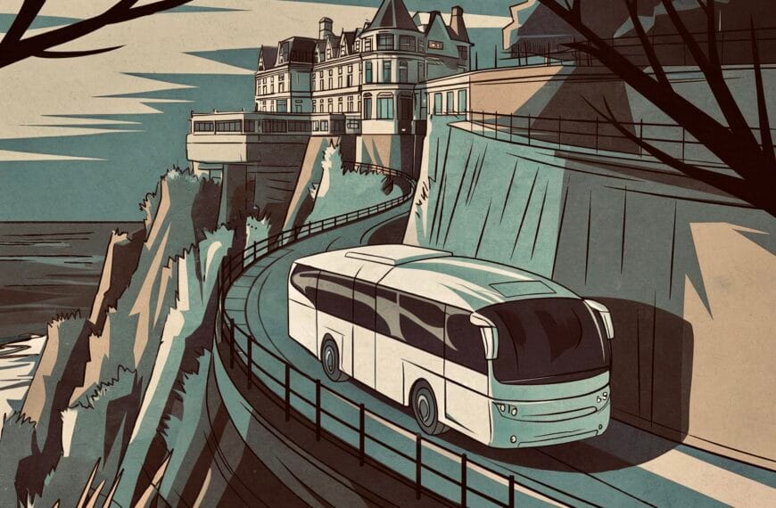 A coach on a seaside road