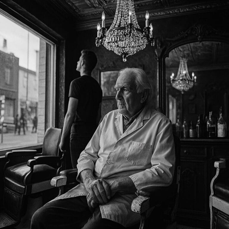 A man sits in a barbers shop