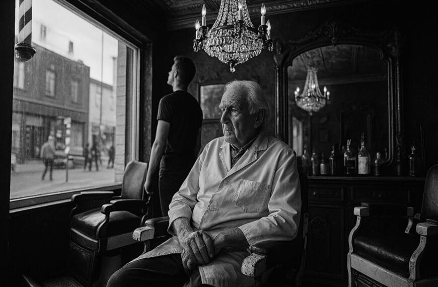 A man sits in a barbers shop