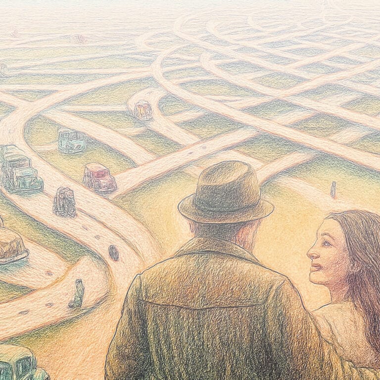 An elderly couple before a maze of roads
