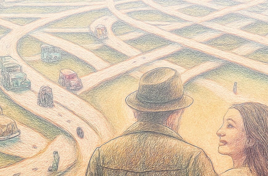 An elderly couple before a maze of roads