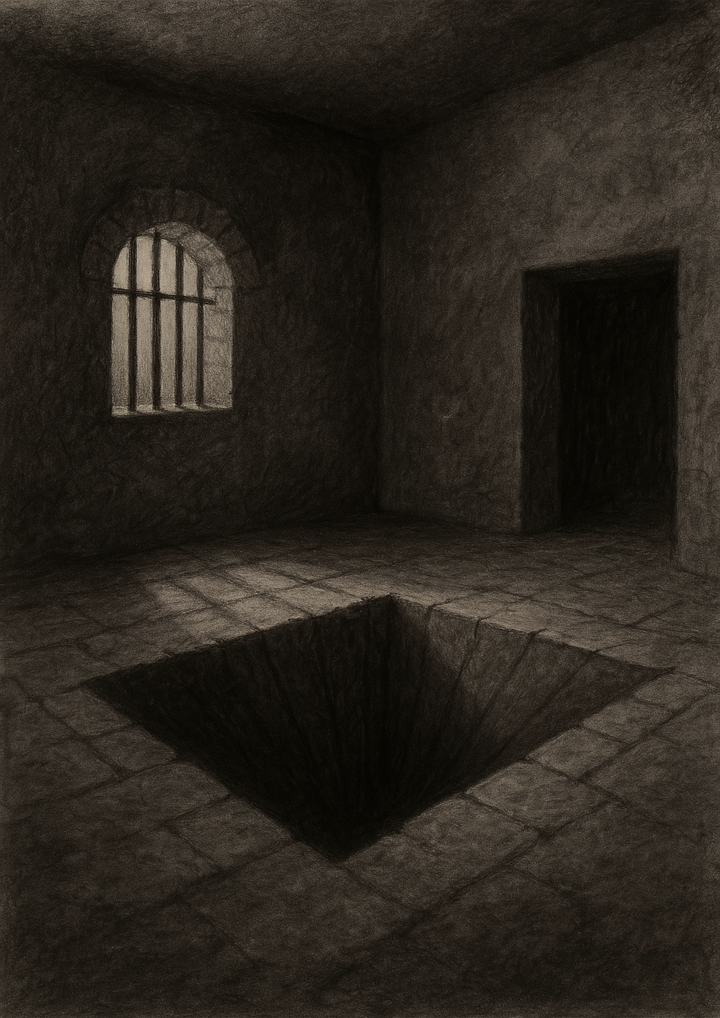A dark prison cell with a hole drawn on the floor